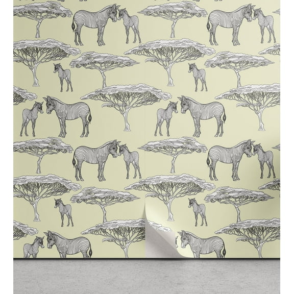 Ambesonne Safari Peel & Stick Wallpaper for Home, Zebras and Trees Pattern, 13"x100", Pale Green Grey