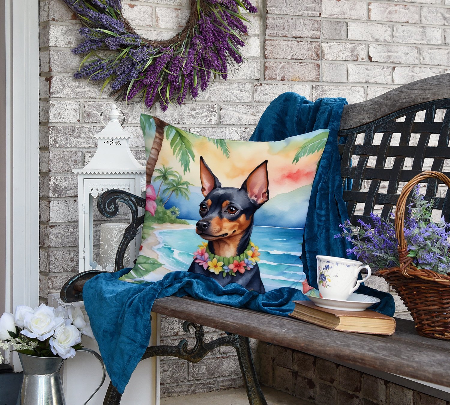 Miniature Pinscher Luau Throw Pillow 18 in x 18 in
