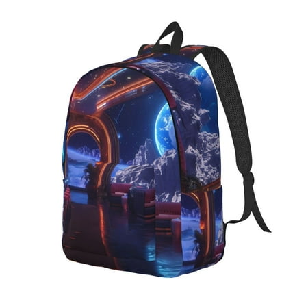 Disketp Futuristic Bar Space View Canvas Backpack Lightweight Travel Daypack Student Rucksack Laptop Backpack-Small