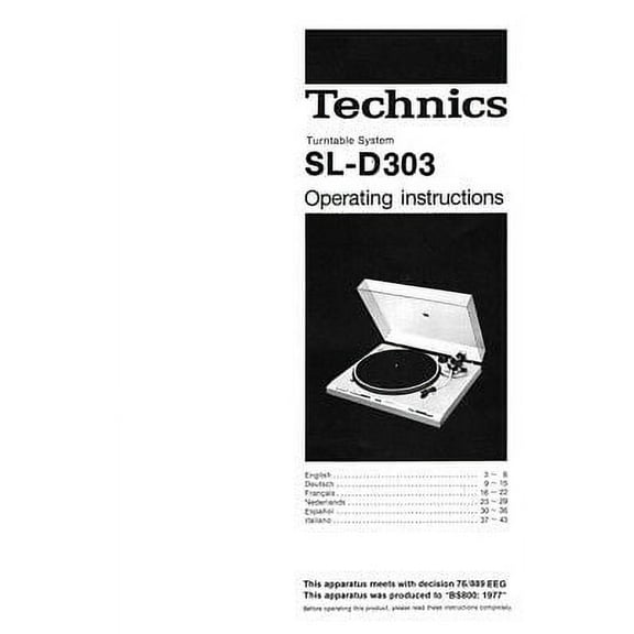 Instruction Manual ONLY for Technics SL-D303 Turntable Owners Instruction Manual REPRINT