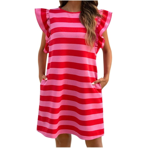 SYMOID Fashion Womens Knitted Round Neck Short Sleeve Strapless Striped Casual Dress with Ruffle,Red,Size L
