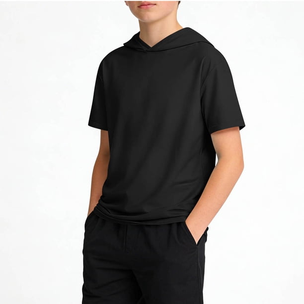 Ceisia Boys Solid Color Short Sleeve Hooded T-shirt Soft Breathable Casual Top for Kids 5-15Black13-14 Years Gifts