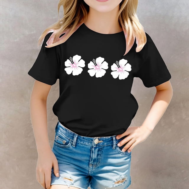 Hauts pour Filles Chemises Imprimées Décontractées à Manches Courtes pour Filles T-Shirts Confortables Col Rond Élégant Tenue Décontractée