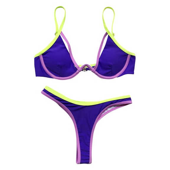 Women's Colorful String Bikini Set Triangle Two Piece Neon Bikini Swimsuit Color Block Halter Bathing Suit