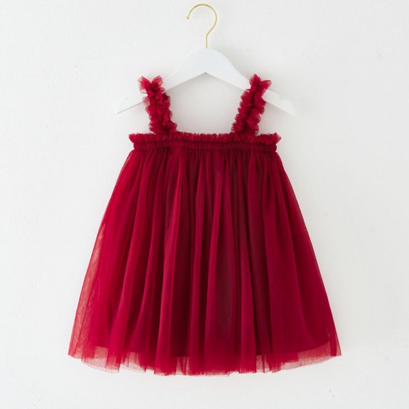OOOUM Girls Princess Dress Solid Color Sleeveless Tulle Dress Stylish And Comfortable Party Outfits For Toddler Red 5-6 Years