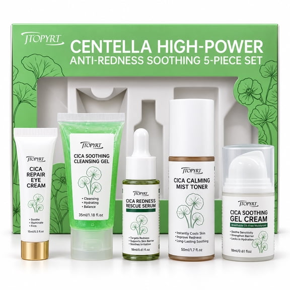 Jtopyrt Centella Cica 5-Piece Anti-Redness Soothing Skincare Set Gentle Daily Routine for Sensitive and Redness-Prone Skin