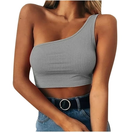 

CYMMPU Women Clothing Women s Sexy Bustier Slim Fit Crop Tops Round Neck Tank Streetwear Cropped Tank Summer Shirts Sleeveless Cami Solid Gray