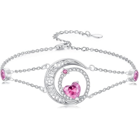 CACA LADY Rose Moon Bracelet for Women 925 Sterling Silver Tourmaline Moon Love Bracelet October Birthstone Jewelry for Mom Wedding for Bride Mom Women
