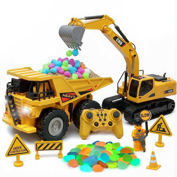 JoyX RC 2-in-1 Truck & Excavator Combo Set – RC STEM Construction Toy with LED Lights, Glow-in-the-Dark Stones & Signs  Rechargeable – Fun for Kids & Adults, Perfect Christmas & Birthday Gift Ages 6 