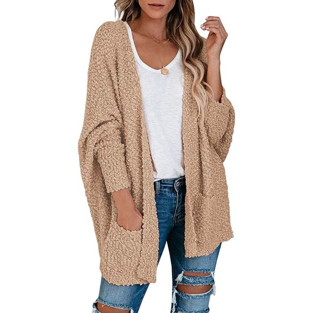 Fuzzy Knit Sweaters Womens Solid Color Oversized Cardigan Pocket Long Sleeve Coats Open Front Sweater
