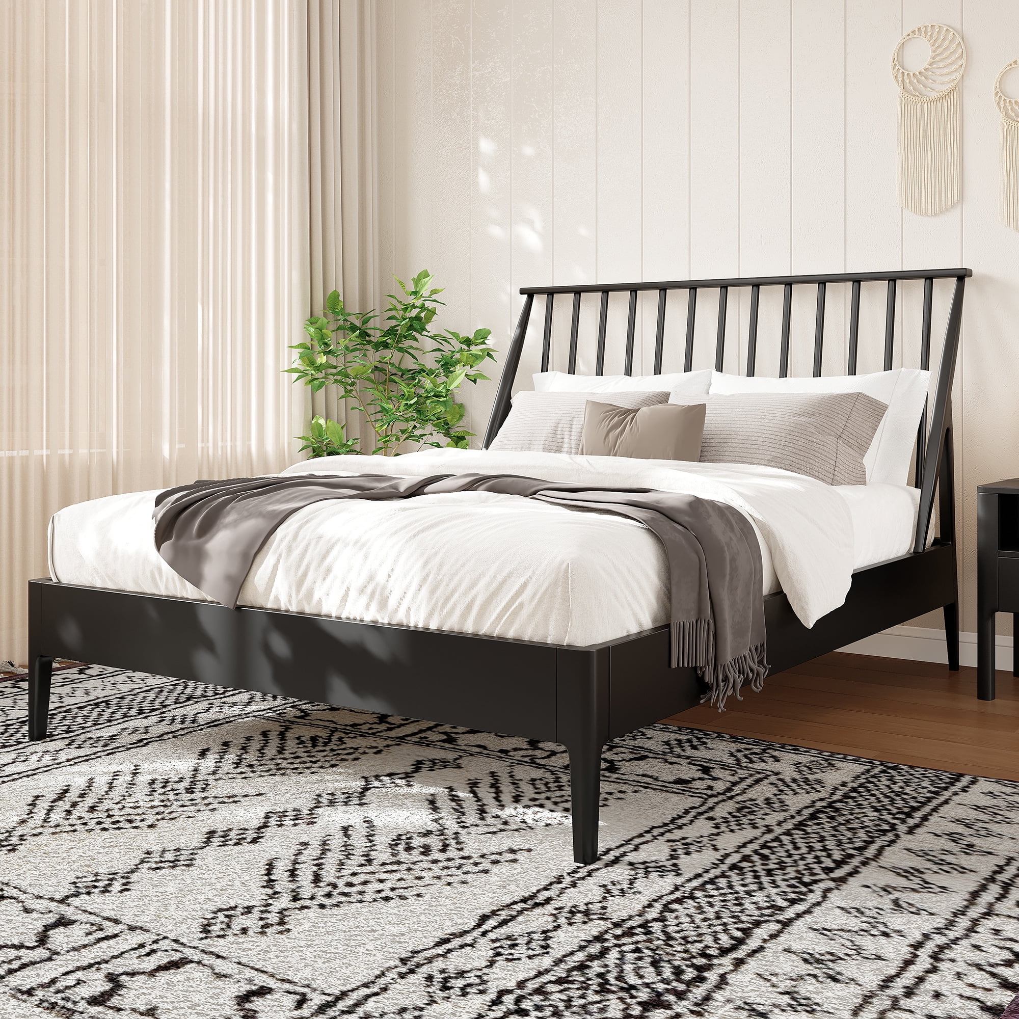 Euroco Bamboo Wood Spindle King Size Platform Bed with Tall Headboard, Bohemian Bed Frame with Wooden Slats and Metal Support, Mid-Century Modern Style, Black
