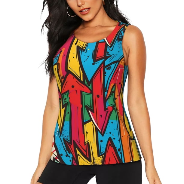 Fotbe Colorful Arrow Graffiti Pattern Blusas Sin Mangas para Mujer – Estilo Casual, Corte Suelto, Slim-Fit, Cuello Redondo Deportivo, Tops de Verano para Gimnasio y Yoga-X-Large