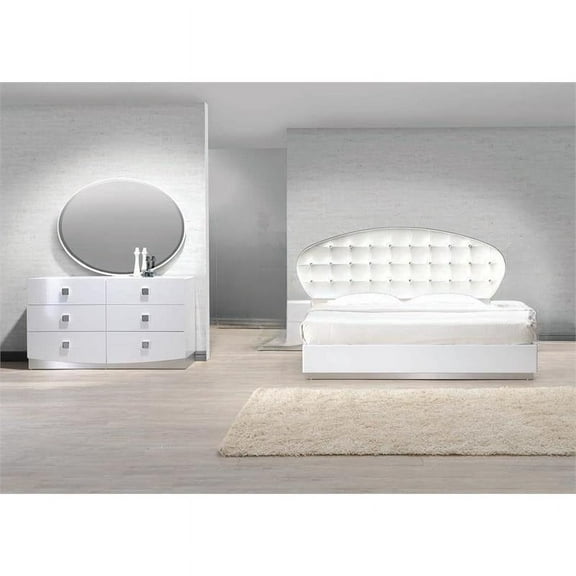 3 PC California King Bedroom Set, Faux Leather Upholstered Platform Bed, Dresser and Mirror, White Lacquer Finish