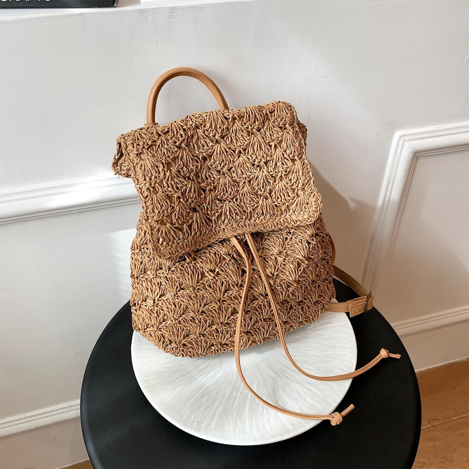 Summer Handmade Woven Crochet Straw Backpack Flap Drawstring  display picture 1