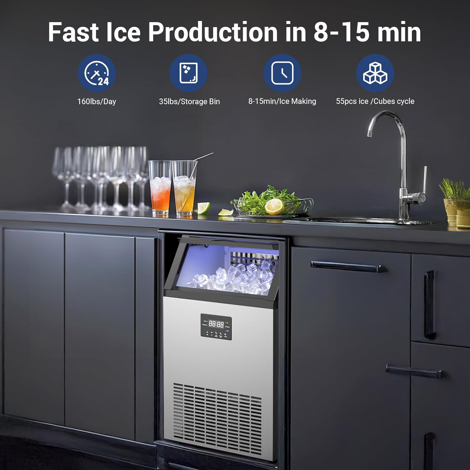 High-Volume Commercial Ice Maker - 165Lbs/24H Output, 45Lbs Storage Bin, 5-15 Minute Ice Ready, Stainless Steel with Water Line Hookup & 12 Thickness Settings