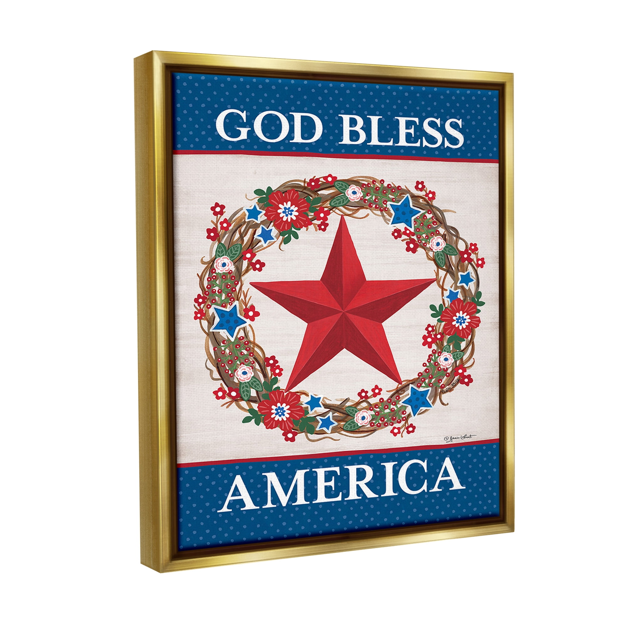Stupell Industries God Bless America Wreath Botanical & Floral Painting Gold Floater Framed Canvas Art Print Wall Art, 17 x 21