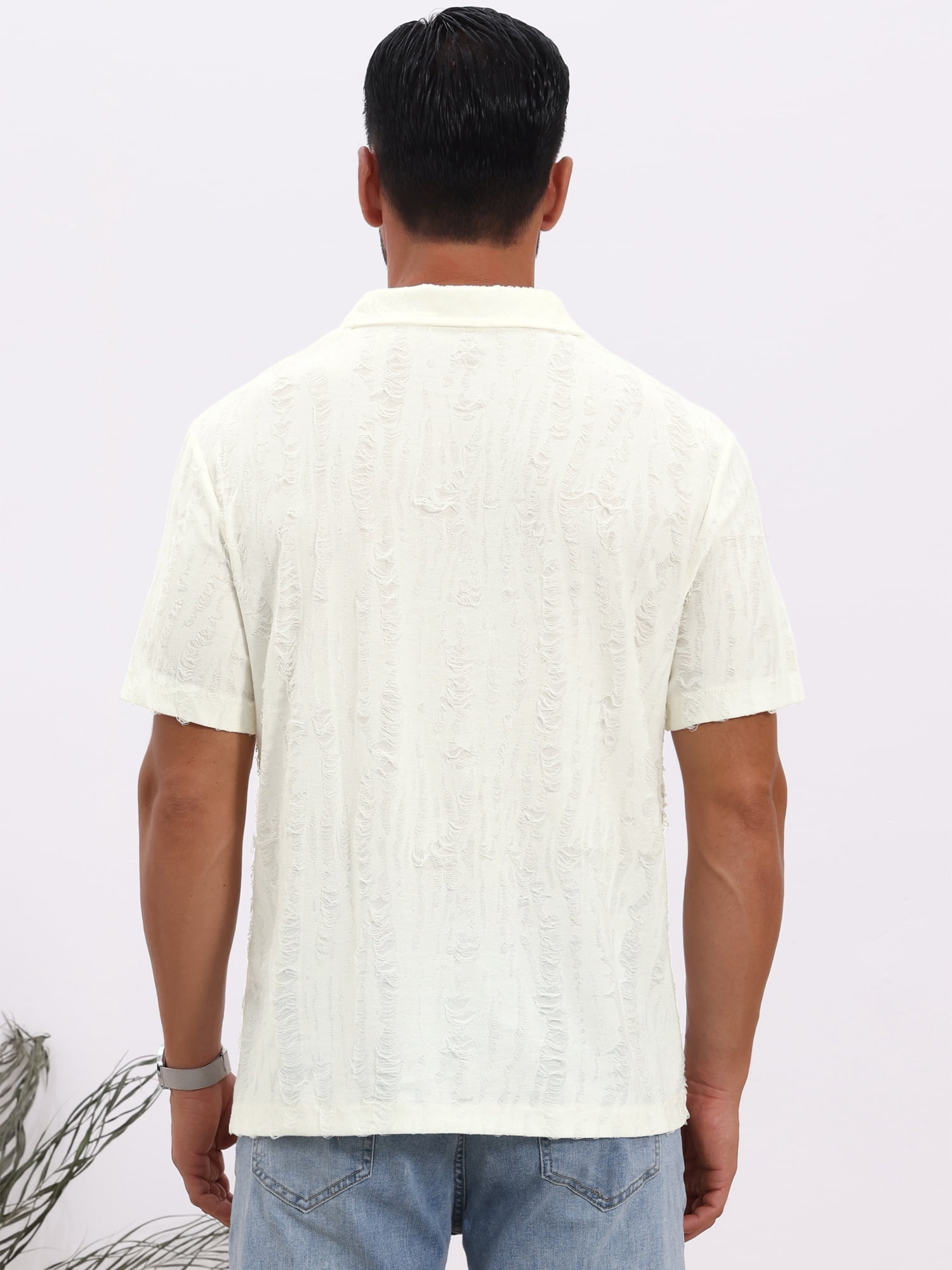 DARING DIVA Men's Camp Collar Button Down Short Sleeve Distressed Ripped Shirts M Beige
