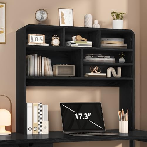5-Tier Desk Shelf, 37.4''W Desktop Bookshelf for Computer Monitor, Desktop Organizer Shelf Storage Rack with 6 Cubbies, 5-Level Desk Hutch Display Rack for Home, Office, Dorm, Vanity, Black