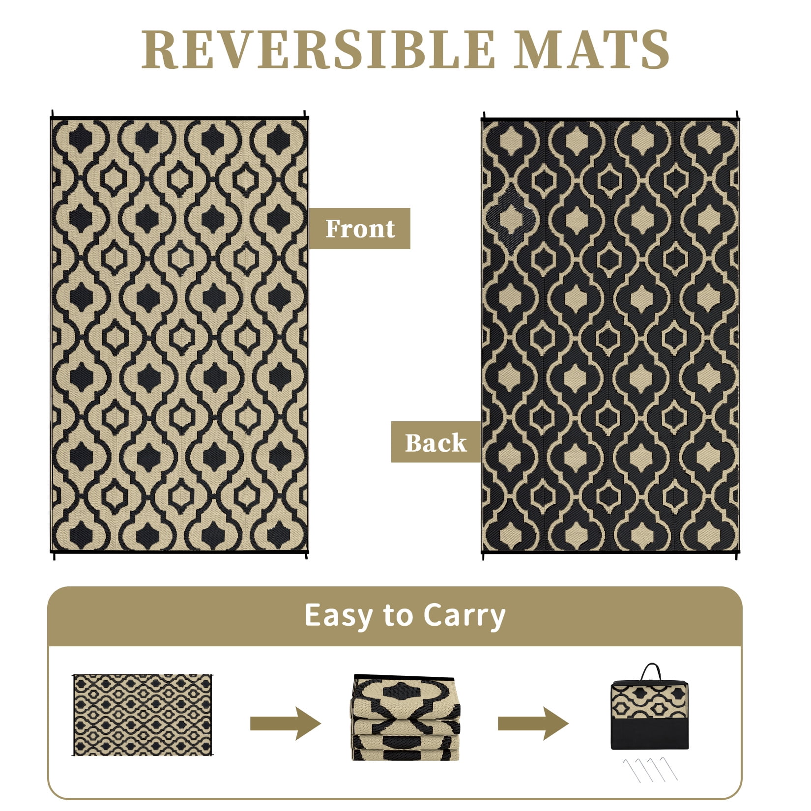 GlowSol 9'x12' Outdoor Rug Moroccan Style Plastic Straw Rug Waterproof Reversible Mat Outdoor Foldable Rug for Camping Patio Picnic, Black Coffee