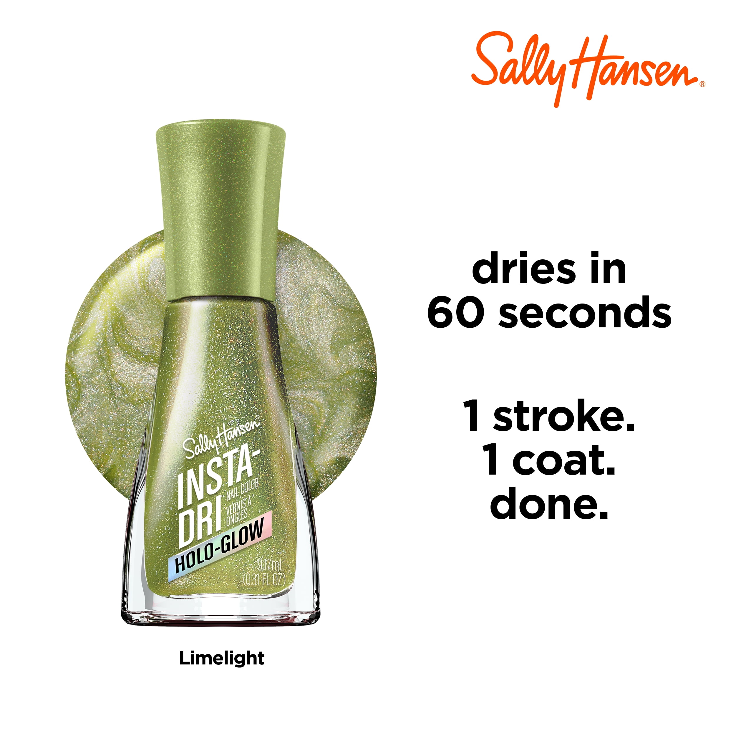 Sally Hansen Insta-Dri Nail Polish, Holo-Glow Collection, Limelight, 0.31 fl oz, Quick Dry