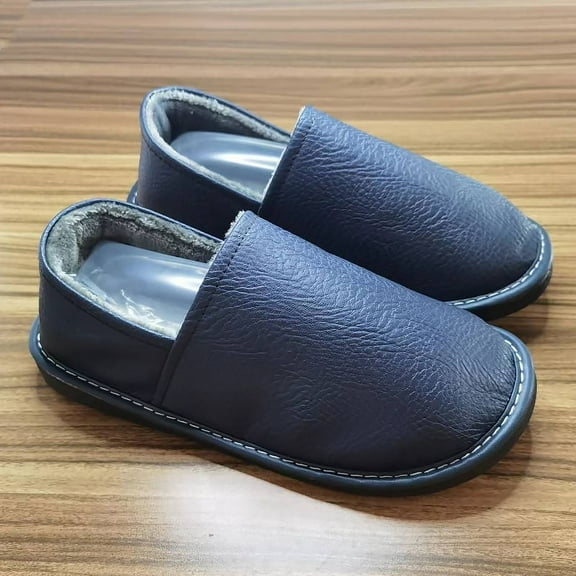 Men's Size 47/48 Leather Furry Slides Waterproof Home Slippers Warm Plush Indoor Slippers Unisex Plus Women Cotton Winter Shoes (WD-46 Blue Plush,4.5)