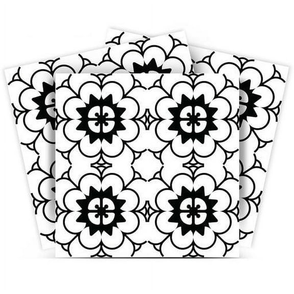 Mi Alma Floral Black White Tile Stickers - Removable Vinyl 4x4, 24 pcs