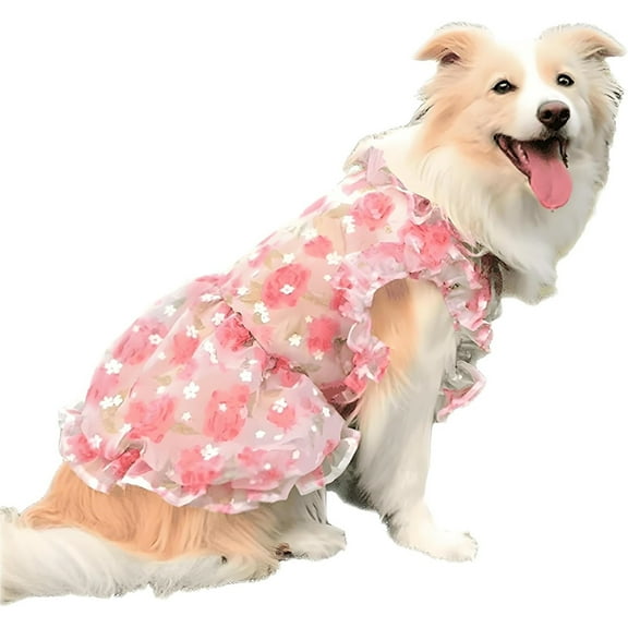 HQREA Pink Flower Lace Dog Dress, Tulle Dog Princess Dress Tutu Birthday Skirts for Large Dogs