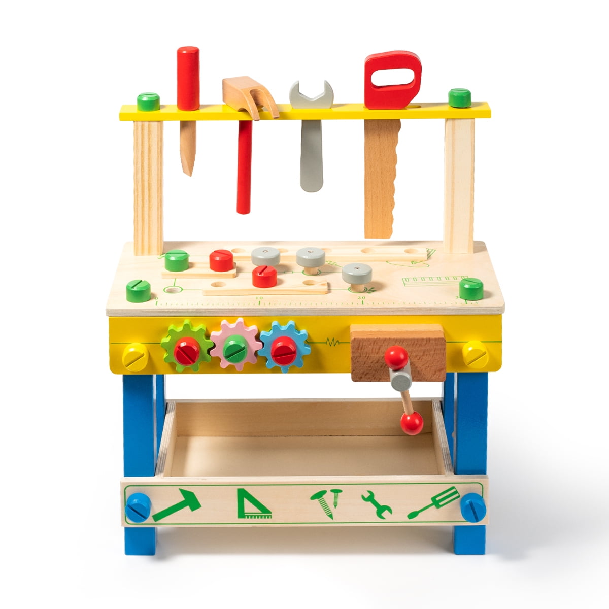 Colorful Wooden Tool Workbench Set for Kids, 16" x 6.3" x 14"