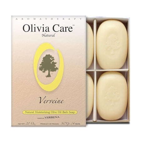 Olivia Care Bath Body Bar Verbena Soap 4 Pack Gift Box Organic, Vegan Natural Contains Olive Oil Repairs, Hydrates, Moisturizes Deep Cleans Good for Sensitive Dry Skin Made in USA