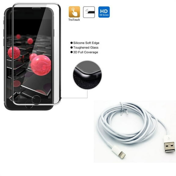 iPhone 8/7/6S/6 - Charger Cord 6ft USB Cable w Tempered Glass Screen Protector - Power Wire Long Sync Fast Charge, 3D Curved Edge Full Cover HD Clear 9H Hardness for iPhone 8/7/6S/6