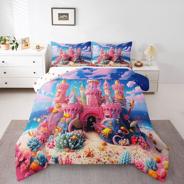 Erosebridal Pink Castle Comforter Sets Queen Size For Girls,Underwater World Bedding Queen Comforter Set,Princess Decor,Reversible,3Pcs