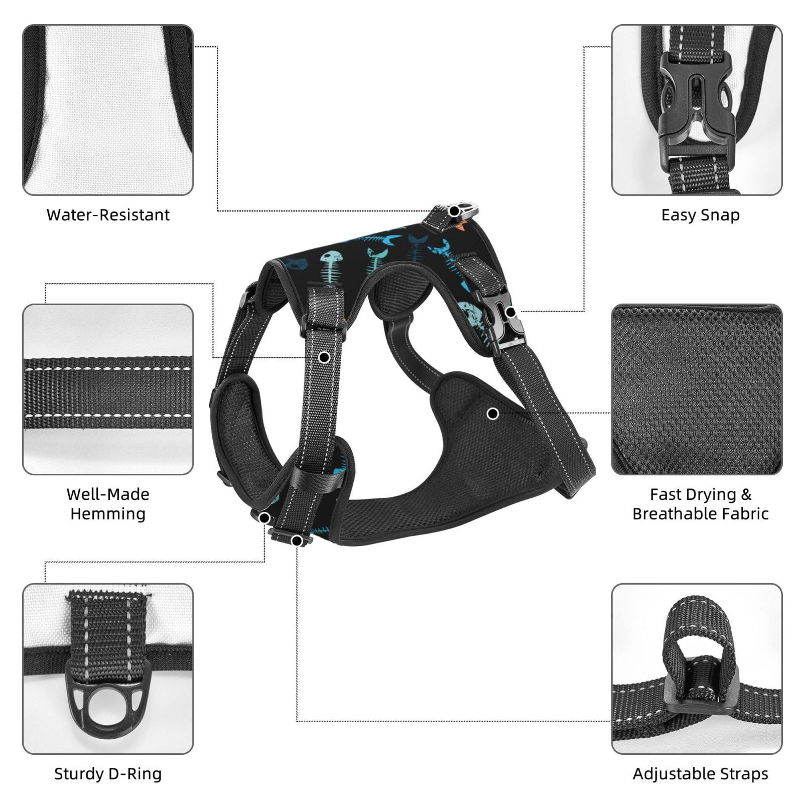 Vsdgher Little Fish Skeleton Pattern Dog Harness,No Pull Pet Harness with Soft Padded Handle,Adjustable Reflective Vest with 2 Buckles,4 Slide Buckles,S-XL