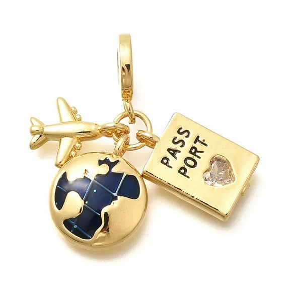 5 pc Brass Enamel Airplane Earth Passport European Dangle Charms Large Hole Pendants with Clear Cubic Zirconia Real 18K golden Plated Cadmium Free Lead Free Midnight Blue 27mm Hole: 4.5mm