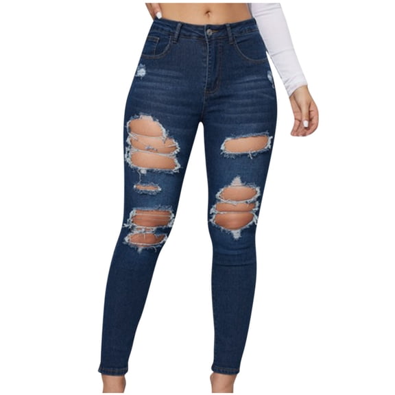 Cmfcve Women's Blue Jeans Distressed Slim Fit Casual Skinny Jeans Vintage Stretchy Long Denim Pants
