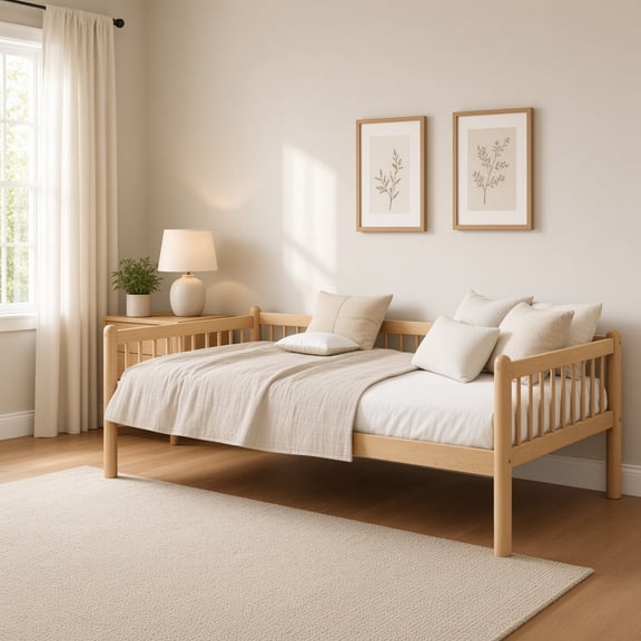 Twin Pine Wood Daybed, Sofa Bed with 3-Side Guardrails & 10 Support Slats for Guest Room, No Box Spring Needed, Sturdy Frame for Compact Living,Natural