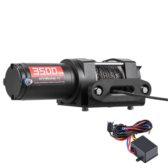 KFFKFF 3500 lbs Electric Winch, 12V DC ATV/UTV Winch with Synthetic Rope & Wired Remote Control, IP55 Waterproof, Aluminum Housing Fairlead Mount Plate for ATV Towing, Black