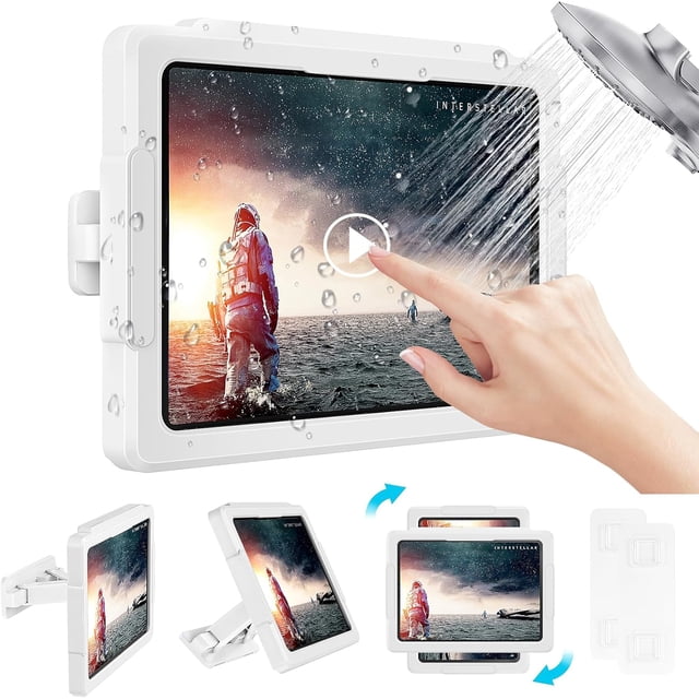 Shower Tablet Holder, Stretchable Waterproof iPad Holder Fit All Devices Up to 11", 360° Rotation Tablet Wall Mount Holder with Anti-Fog Touchable Screen, 2 Placement Modes, for Bathroom Kitchen