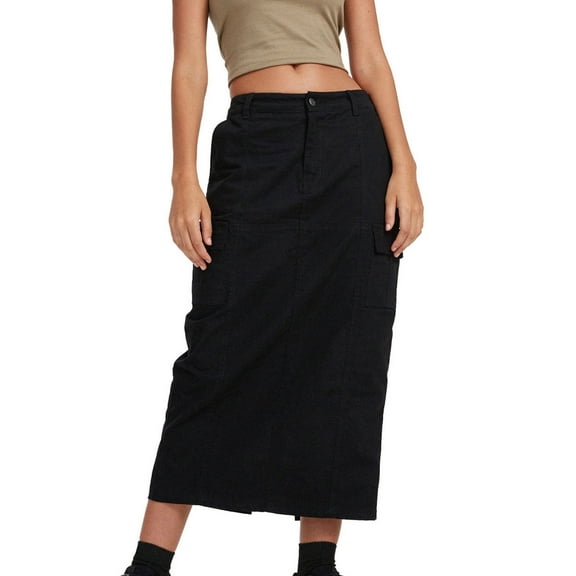 JNGSA Women's Comfy Stretch Denim Skirt High Waist Solid Color Skirt with Pockets Wrap Bodycon Button Long Jean Skirt Black