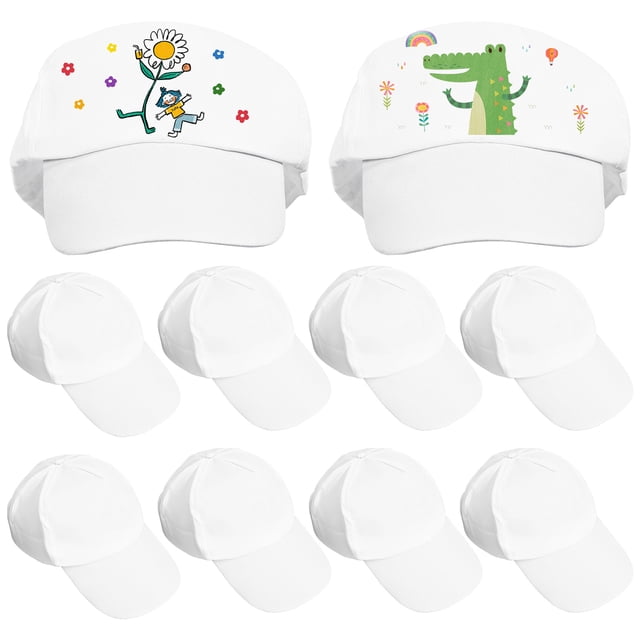 10 gorras con visera pintadas a mano para pintar y hacer tú mismo. suministros para manualidades: diez gorras blancas de algodón en vista frontal y 3/4; dos gorras superiores muestran viseras pintadas con dibujos infantiles (flor con personaje y cocodrilo) y ocho gorras lisas listas para pintura textil, bordado o grafiti a mano; medidas aprox. 27 x 18 x 12 cm, circunferencia 52–55 cm, aptas para niños 7–18 años.
