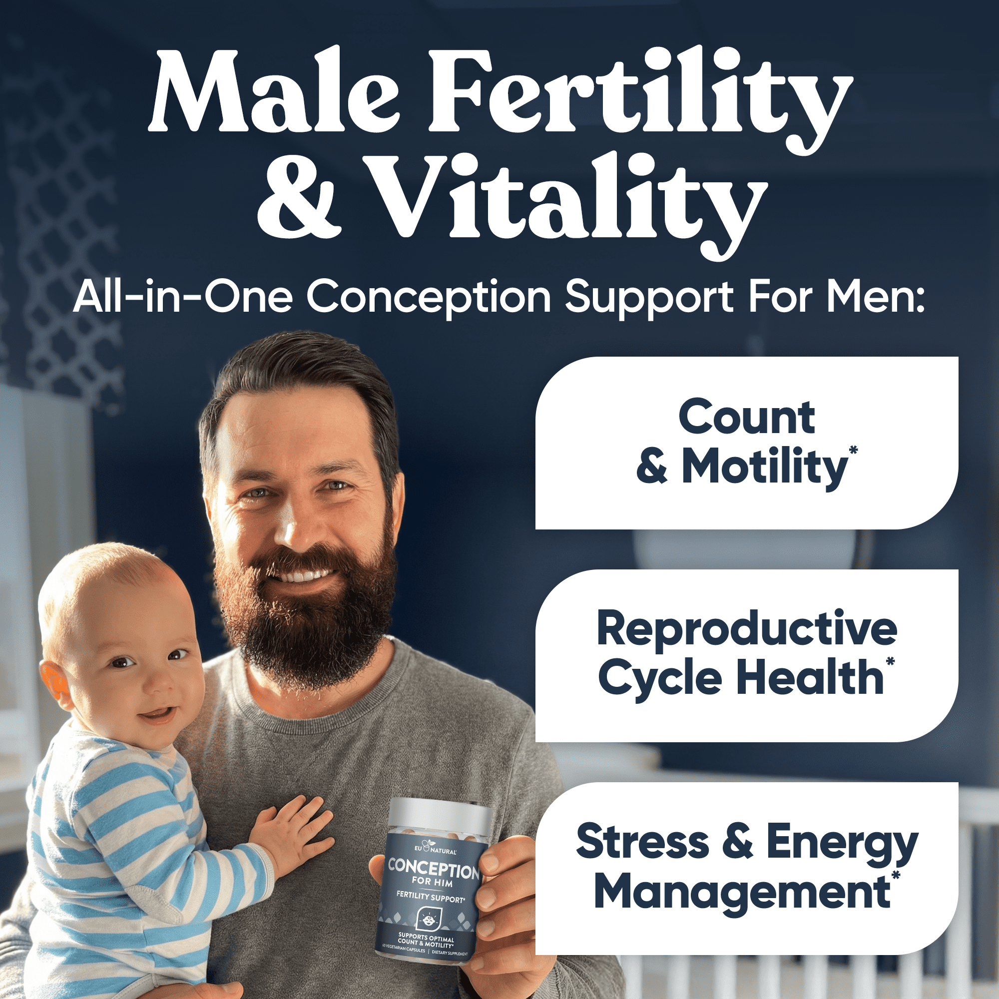 Eu Natural Conception for Him - Male Fertility Supplements with Ashwagandha, Folate & Zinc - Fertility Support for Men, 60 Vegetarian Capsules
