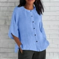 thumbnail image 2 of Dazajoo Women's Round Neck Solid Color Cotton and Linen Top Summer Short Sleeve Button Down Shirts Plus Size 3/4 Sleeve Sild Slit Trendy Tshirt for Women 2024,Blue,XXXL, 2 of 6