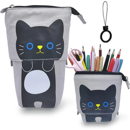 Cute Pencil Case Telescopic Pencil Pouch Organizer Canvas Colored Zipper Standing Up Pop Up Pencil Holder Cat Stationary Cosmetics Pouch Makeup Bag For Students Girls Women
