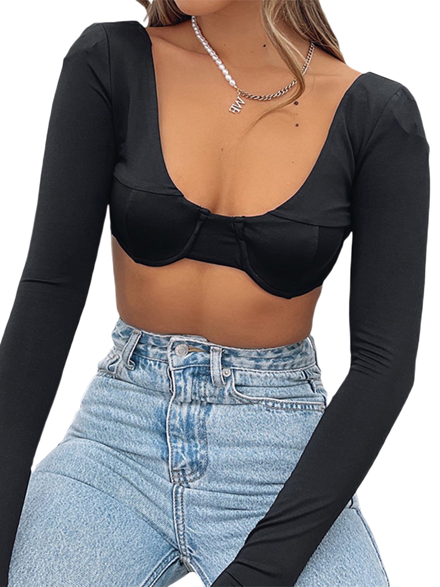 Cathery Women Y2K Crop Top Bra Knitted Sweater Long Sleeve Square Neck  Shirt Top Blouse Sexy Low Cut Bustier Top Streetwear 