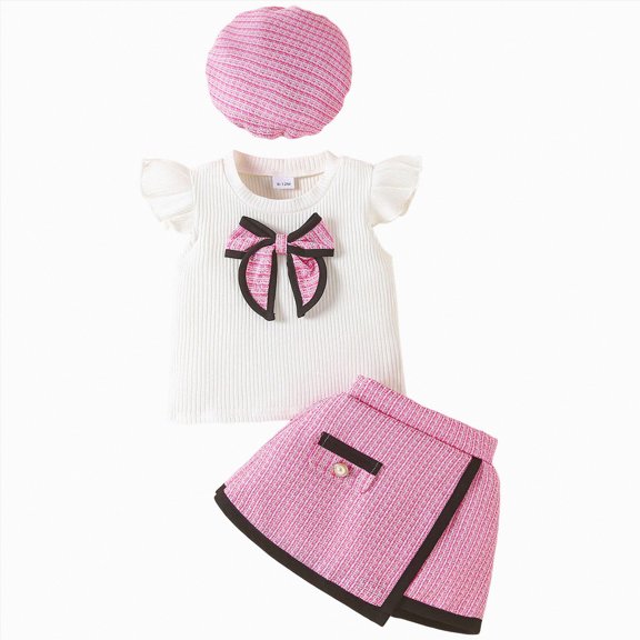 CAICJ98 Toddler Baby Girl Outfits Summer Clothes Crew Neck Knitted Cotton Ruffle Sleeves Flower Bow Tops Mini Skirts Beret 3Pcs Set (Hot Pink,2-3 Years)