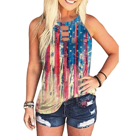 

DYMADE Women Independence Day Tops Printed Classic Sleeveless Halter Cami Tank