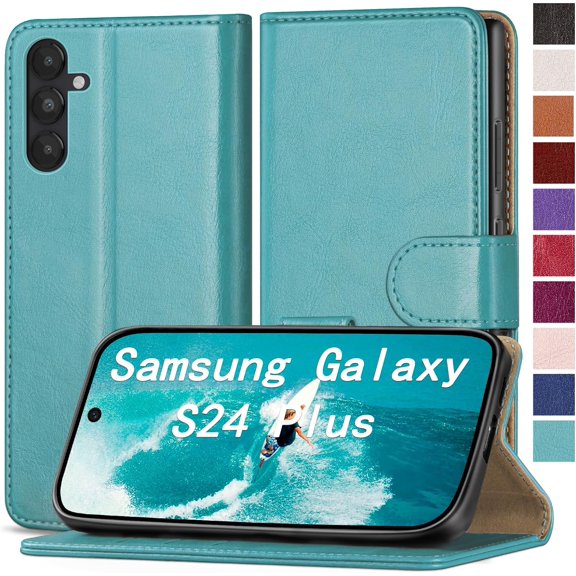 for Samsung Galaxy S24 Plus Phone case[RFID Blocking Leather],[3 Credit Card Slot] Flip Folio Book Shockproof Protector,Holder Stand Cases,Women Men for Samsung S24Plus Wallet Cover,Blue Green