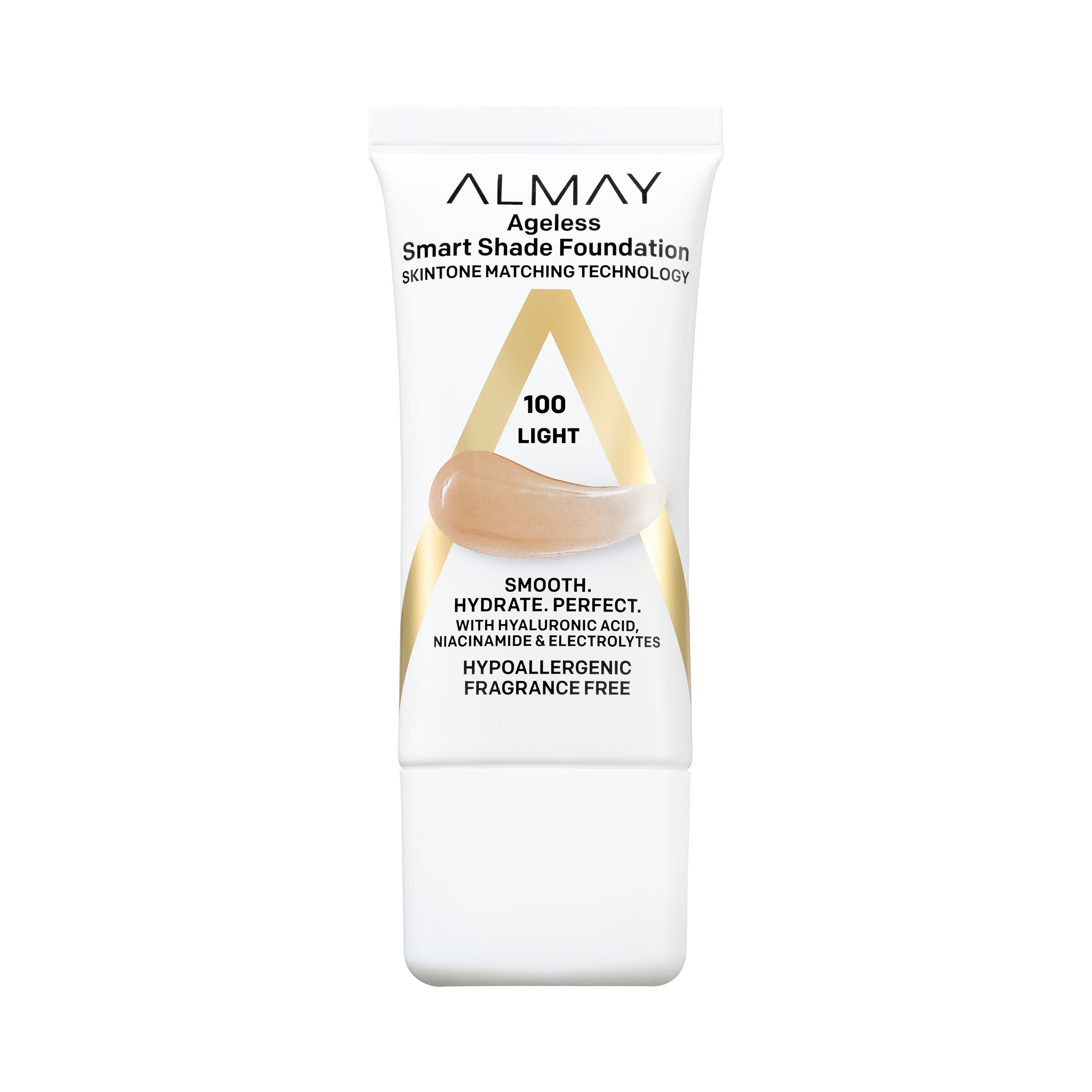 Almay Anti-Aging Foundation by Almay, Smart Shade Face Makeup with Hyaluronic Acid, Niacinamide, Vitamin C & E, Hypoallergenic, Fragrance Free, 100 Light, 1 Fl Oz, 100 Light, 1 fl oz.