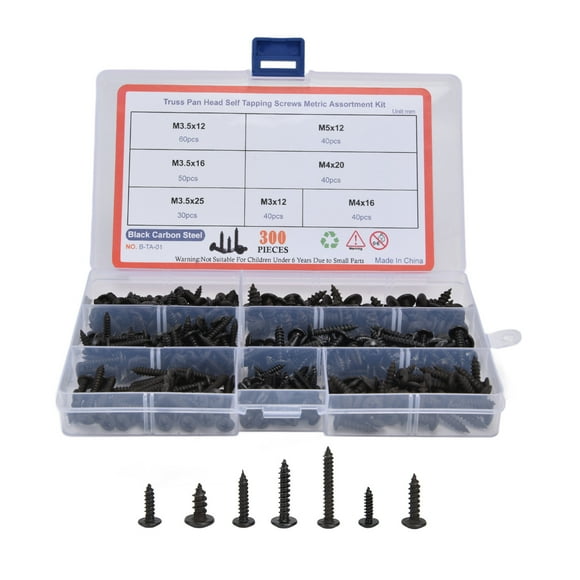 Carbon Steel Screw Kit, M3 M3.5 M4 M5 Hardware Fasteners Wear Resistant Head Tapping Screws Standard Sizes for Machinery Repair
