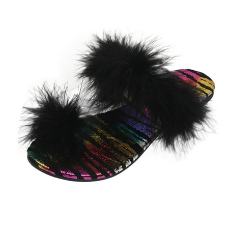 

Women s Fashion Summer Flip Flops Color Blocking Flat Furry Sandals And Slippers