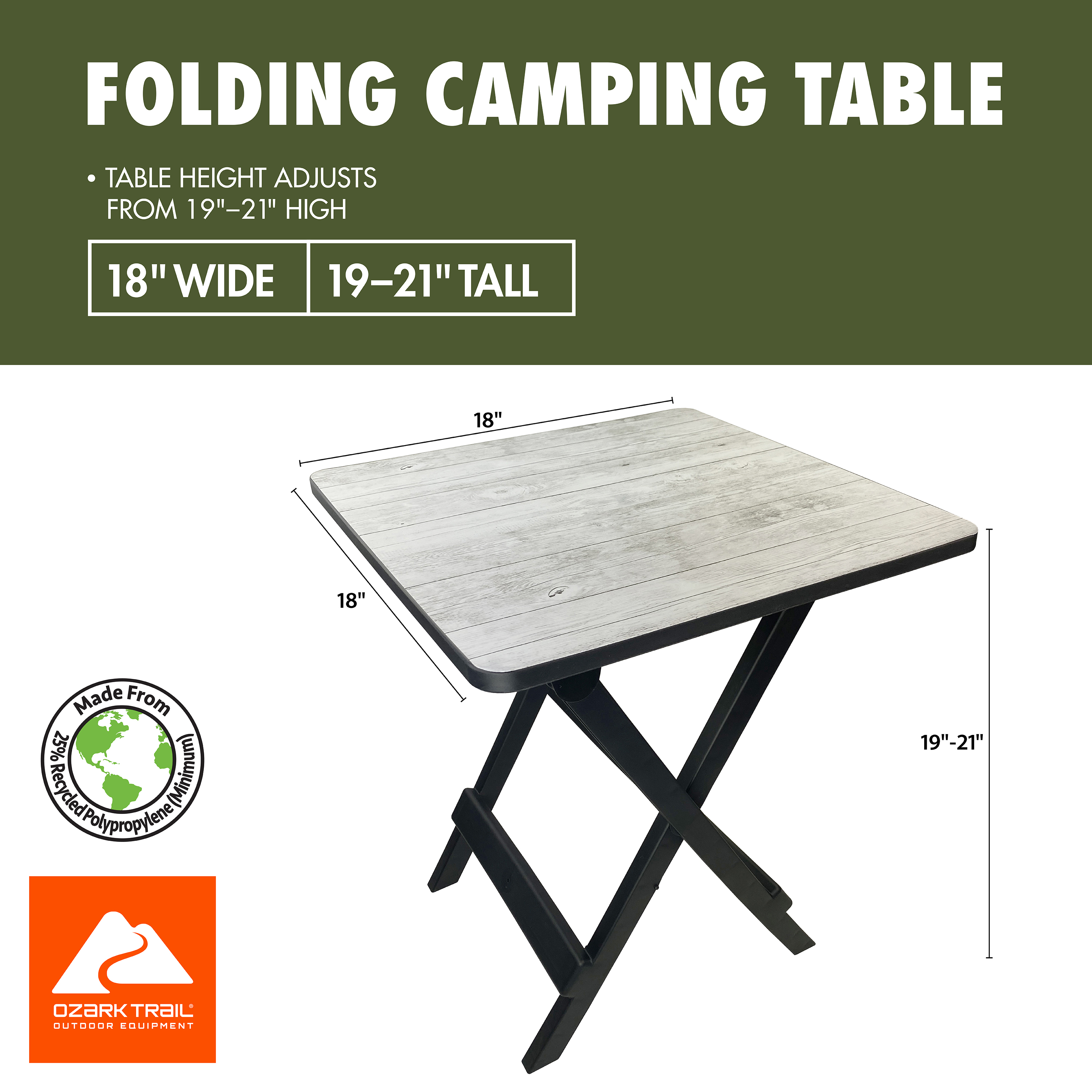 Mesita de campamento plegable de plástico de 19 pulgadas, Ozark Trail, grano de madera gris 2